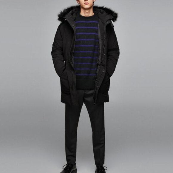 Zara MAN Long Quilted Coat With Faux Fur Hood - Picture 2 of 12